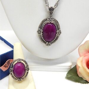 316 STAINLESS STEEL, 20" PURPLE JADE STONE PENDANT NECKLACE & SIZE 6.5 RING SET
